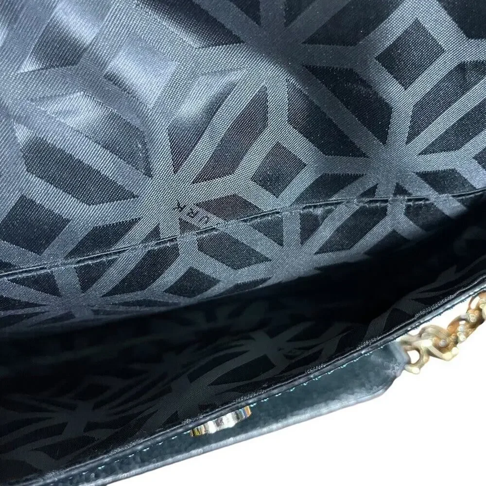 Trina Turk Womens Leather Handbag Teal Snakeskin Purse Flap Pocket Silver Gold